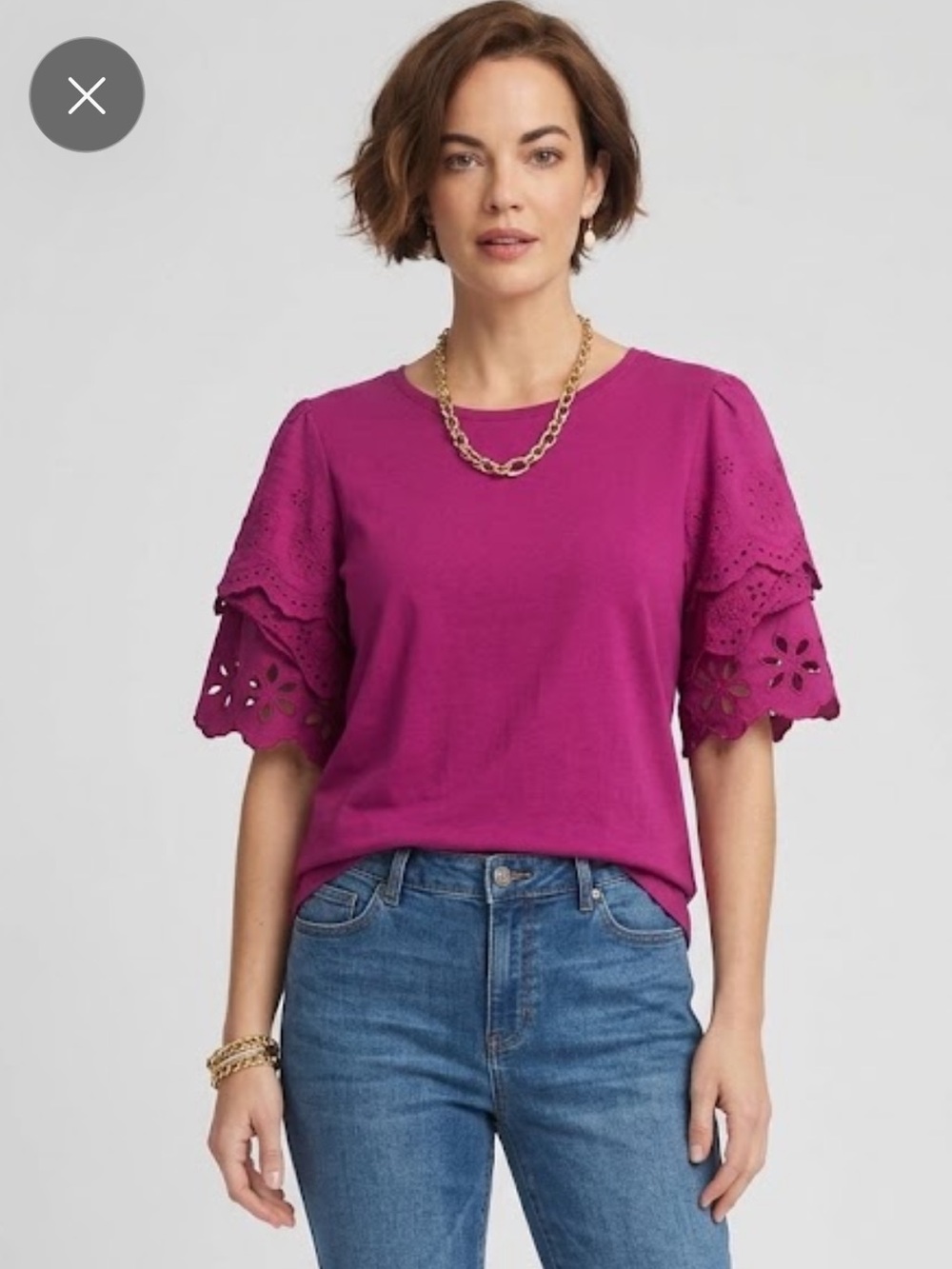Chico's Size 2 Pinkberry Cotton Blend Eyelet Scalloped Puff Sleeve jersey top